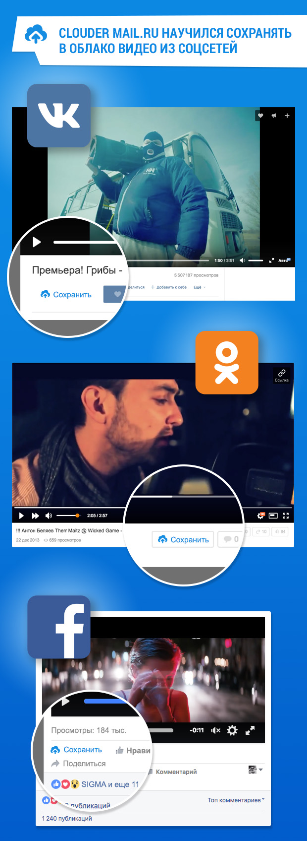 VK / Clouder Mail.Ru научился сохранять в облако видеоролики из соцсетей